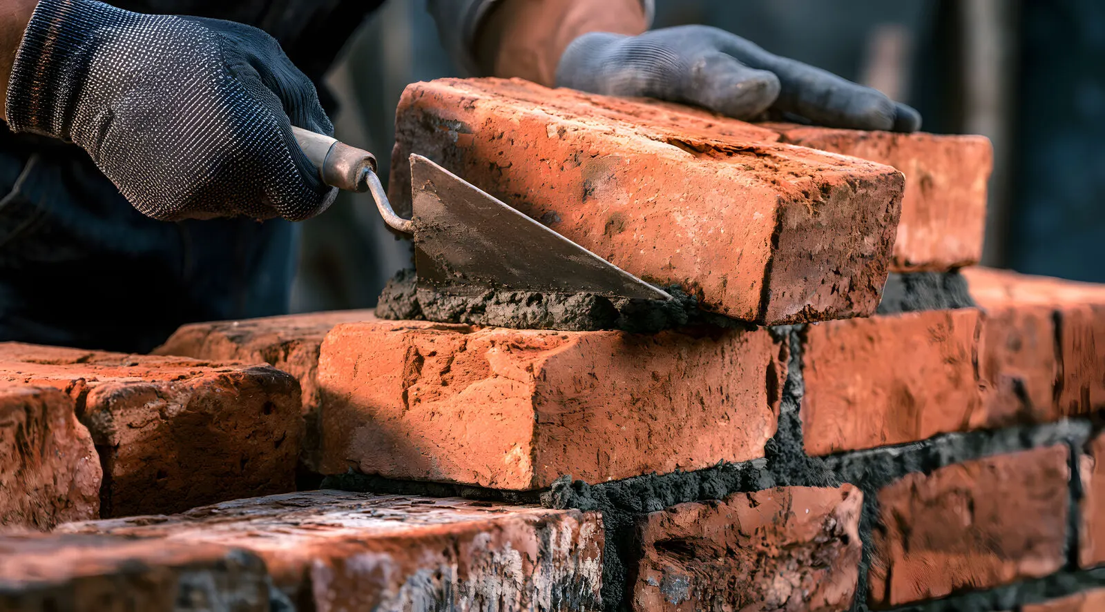 A gloved bricklayer spreading mortar with a trowel to set a red clay brick on a fresh course